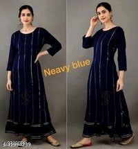 GCC Women's Solid Printed Rayon Zari Mirror Work A-Line Kurti With Sharara Set - XXL