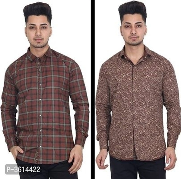 Men's Rust Red Check & Printed Reversible Long Sleeves Casual Shirt - L