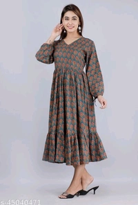 Nyasa Collection Women Printed Cotton 3/4 Sleeve V-Neck Flared Kurta - XL