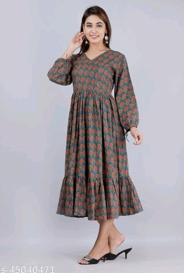 Nyasa Collection Women Printed Cotton 3/4 Sleeve V-Neck Flared Kurta - XL