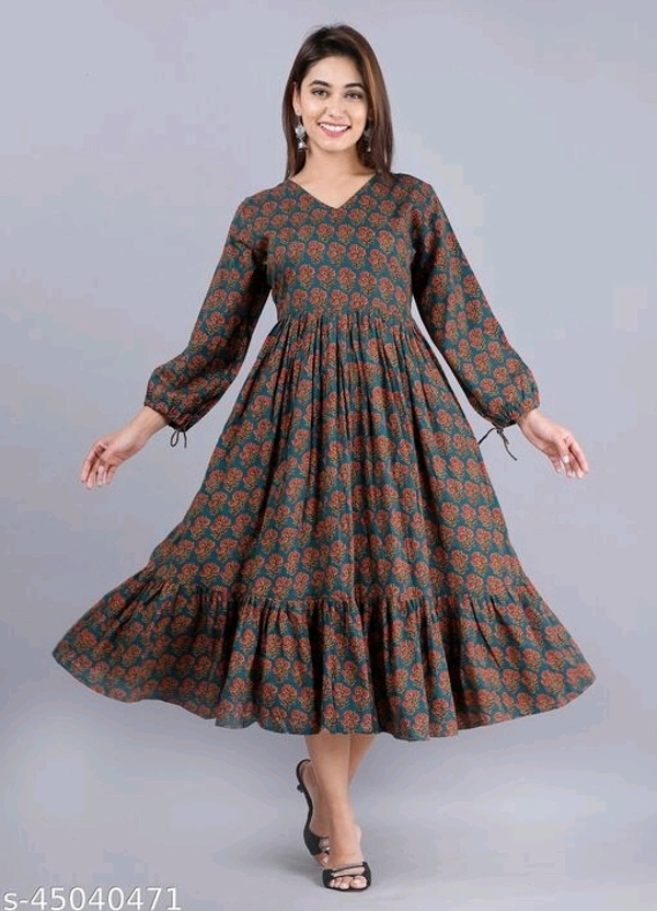 Nyasa Collection Women Printed Cotton 3/4 Sleeve V-Neck Flared Kurta - XXL