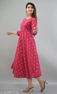 SHIVAKSHI Women Anarkali Gown Printed Maroon Cotton Kurti - M
