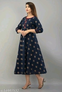 SHIVAKSHI Women Anarkali Gown Printed Blue Cotton Kurti - L