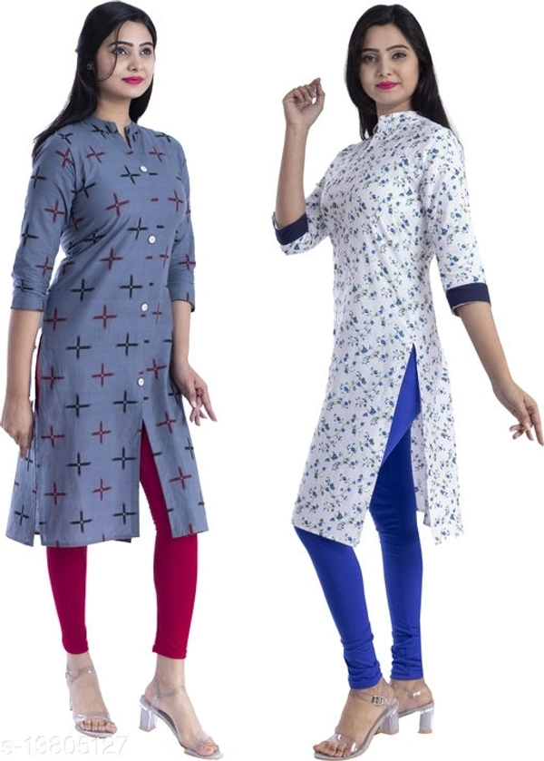 Bachuu Women's Casual Cotton Printed Calf Length Straight Kurti Combo Set - S