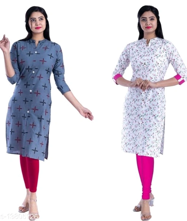 Bachuu Women's Casual Cotton Printed Calf Length Straight Kurti Combo Set - M