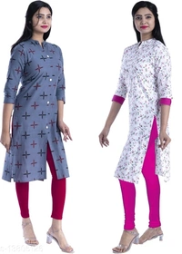 Bachuu Women's Casual Cotton Printed Calf Length Straight Kurti Combo Set - M