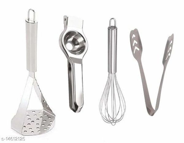Trending Combo of Stainless Steel Masher, Stainless Steel Egg Whisker and Stainless Steel Lemon Sqeezer, Momo Tong.