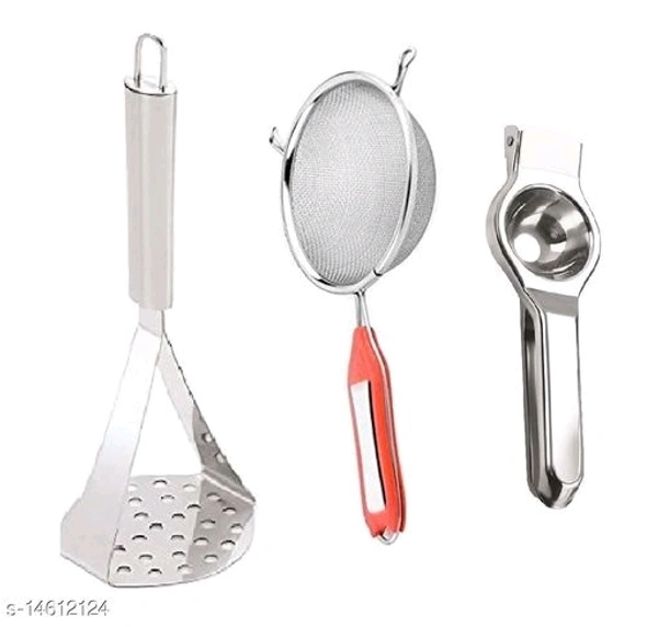 Trending Kitchen Combo of Stainless Steel Potato Masher, Stainless Steel SoupJuiceMilk Strainer. and Stainless Steel Lemon Sqeezer