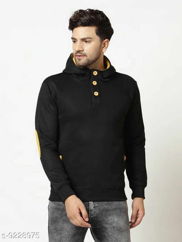 Elegance Men's Black Solid Hooded Sweatshirt With Contrast Button - M