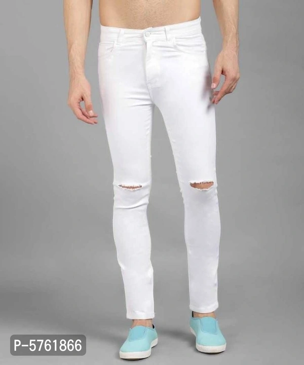 Men White Knee Cut Slim Fit Jeans - 32