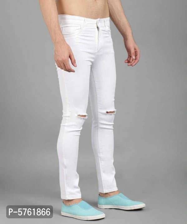 Men White Knee Cut Slim Fit Jeans - 32