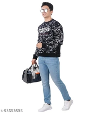 Black and white crew neck camouflage mens full sleeve polyester fleece sweatshirt - S