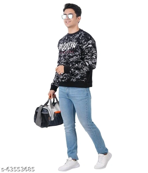 Black and white crew neck camouflage mens full sleeve polyester fleece sweatshirt - M