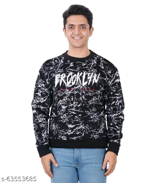 Black and white crew neck camouflage mens full sleeve polyester fleece sweatshirt - M