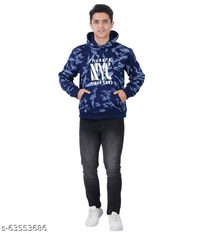 Blue and black camouflage mens full sleeve polyester fleece hoodie - M