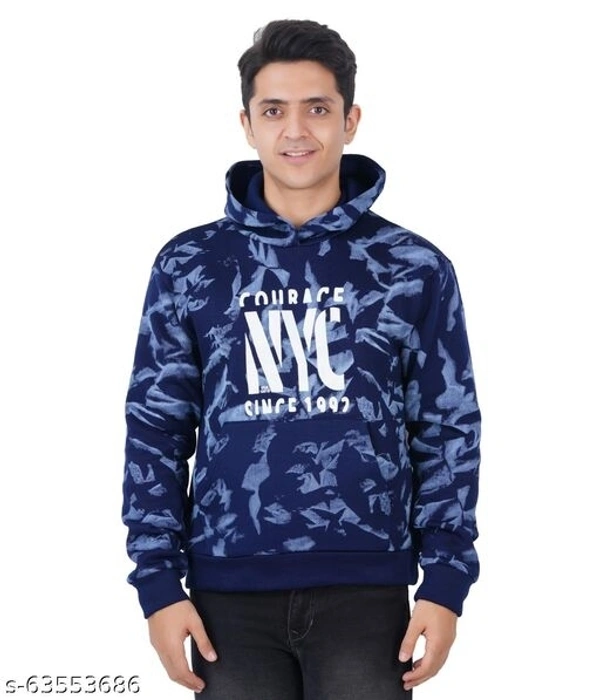 Blue and black camouflage mens full sleeve polyester fleece hoodie - M