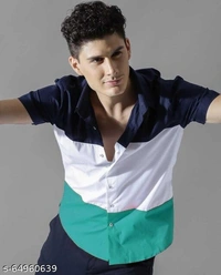 Men Slim Fit Color Block Spread Collar Casual Shirt - L