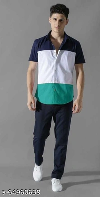 Men Slim Fit Color Block Spread Collar Casual Shirt - L