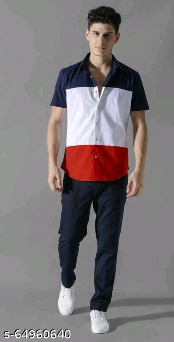 Men Slim Fit Color Block Spread Collar Casual Shirt - L