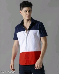 Men Slim Fit Color Block Spread Collar Casual Shirt - L