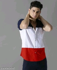 Men Slim Fit Color Block Spread Collar Casual Shirt - M