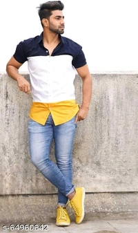 Men Slim Fit Color Block Spread Collar Casual Shirt - L