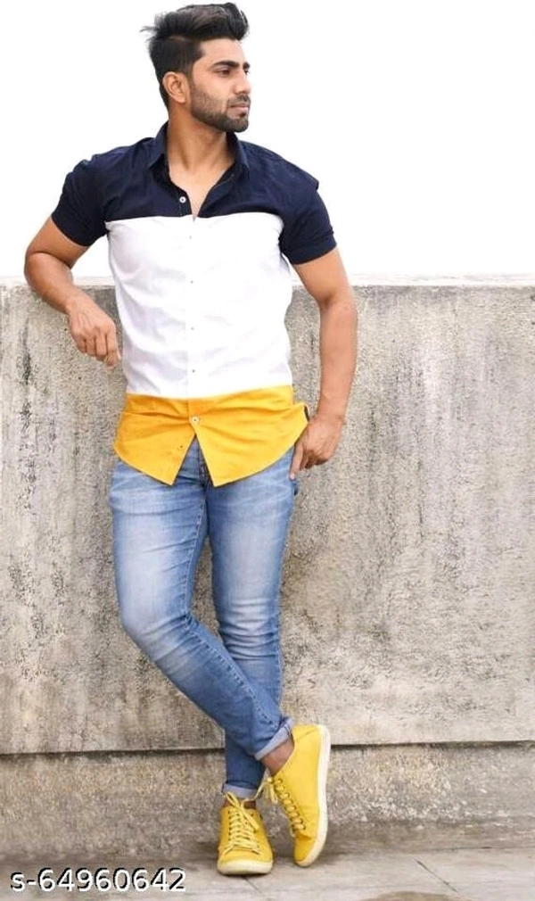 Men Slim Fit Color Block Spread Collar Casual Shirt - L