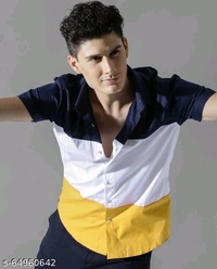 Men Slim Fit Color Block Spread Collar Casual Shirt - M