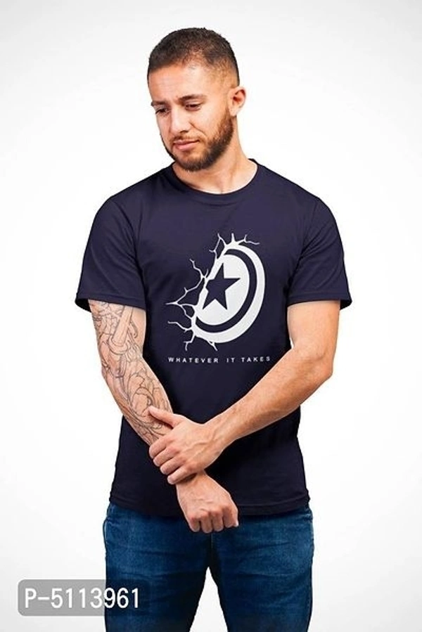 Men's Marvel Navy Blue Colour Half Round Neck T-Shirt - M