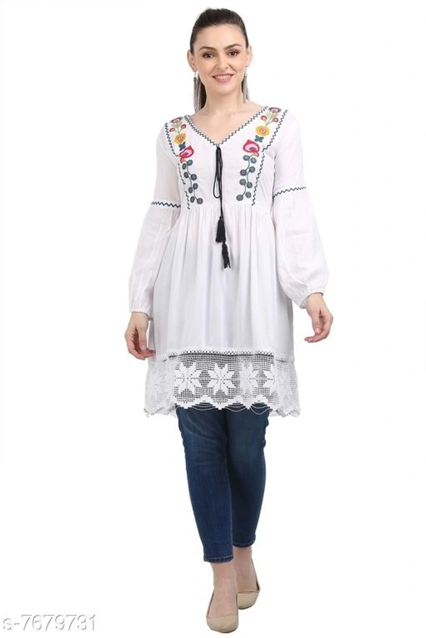 Women's Embroidered White Rayon Top - XS