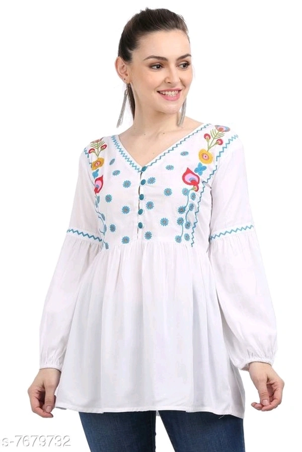 Women's Embroidered White Rayon Top - XS