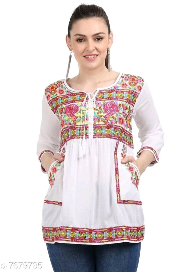 Women's Embroidered White Rayon Top - L