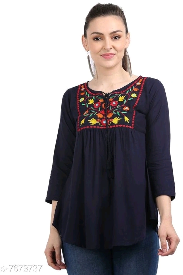 Women's Embroidered Navy Blue Rayon Top - XS