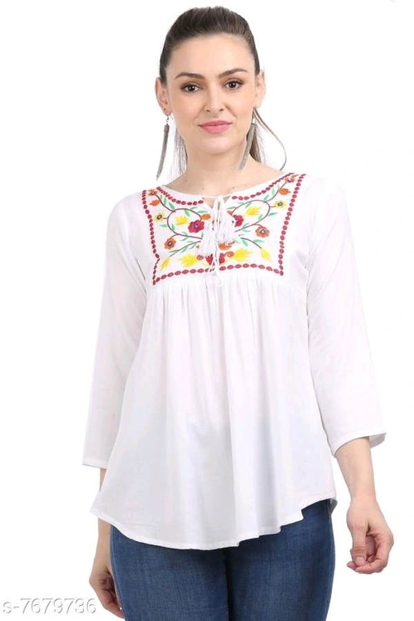 Women's Embroidered White Rayon Top - XL