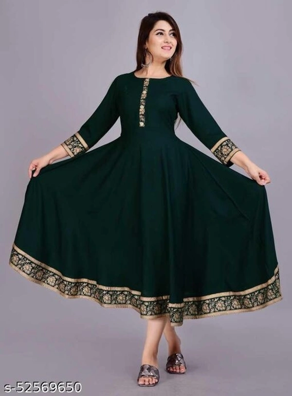 Green Golden Printed Border Anarkali Kurti - M