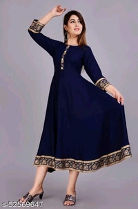 Navy Blue Golden Printed Border Anarkali Kurti - M