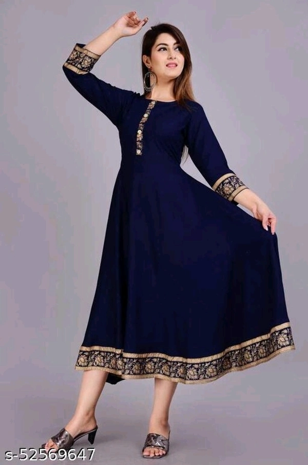 Navy Blue Golden Printed Border Anarkali Kurti - M