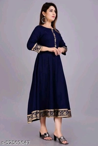 Navy Blue Golden Printed Border Anarkali Kurti - M