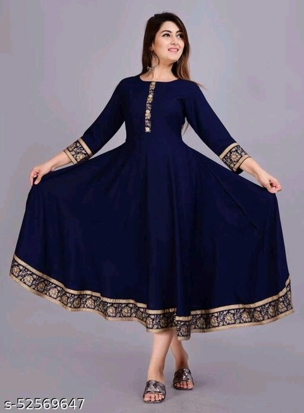 Navy Blue Golden Printed Border Anarkali Kurti - L