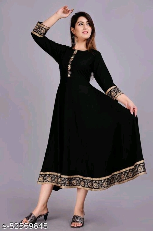 Black Golden Printed Border Anarkali Kurti - M