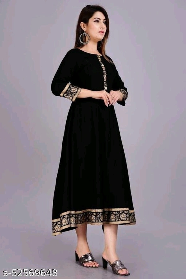 Black Golden Printed Border Anarkali Kurti - L