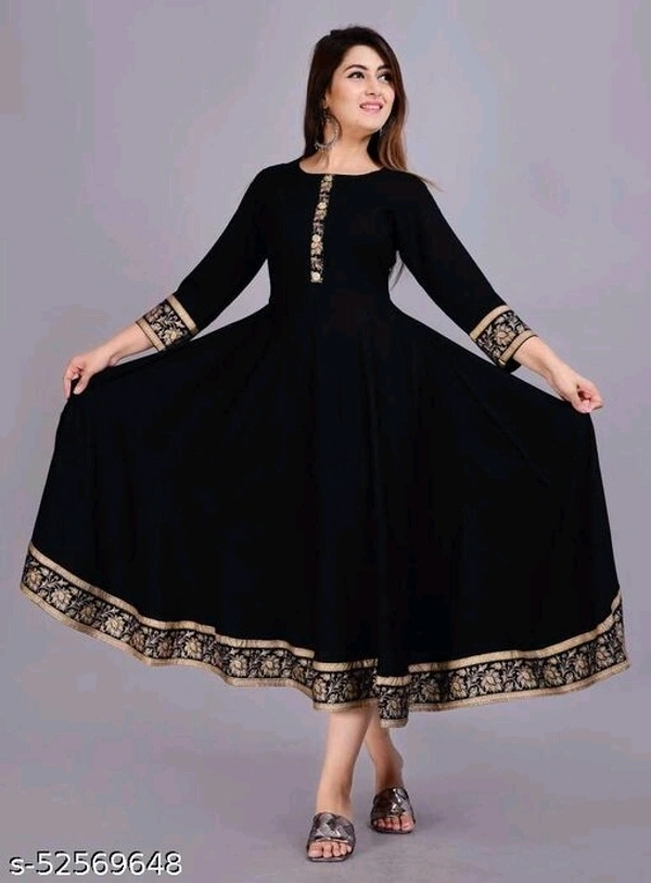 Black Golden Printed Border Anarkali Kurti - L
