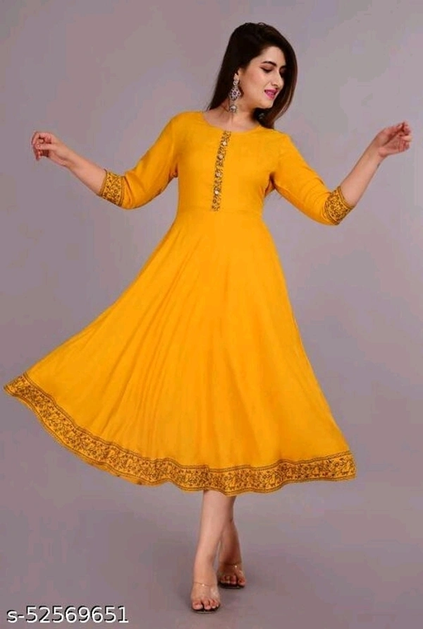 Yellow Golden Printed Border Anarkali Kurti - M