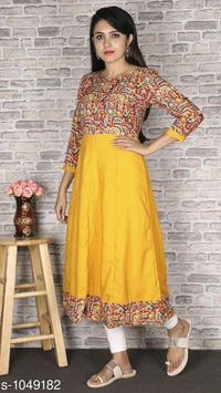 Women Crepe Flared Printed Yellow Kurti - 7XL