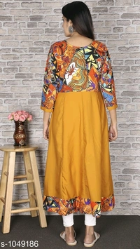 Women Crepe Flared Printed Mustard Kurti - S