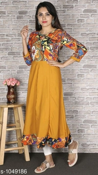 Women Crepe Flared Printed Mustard Kurti - L