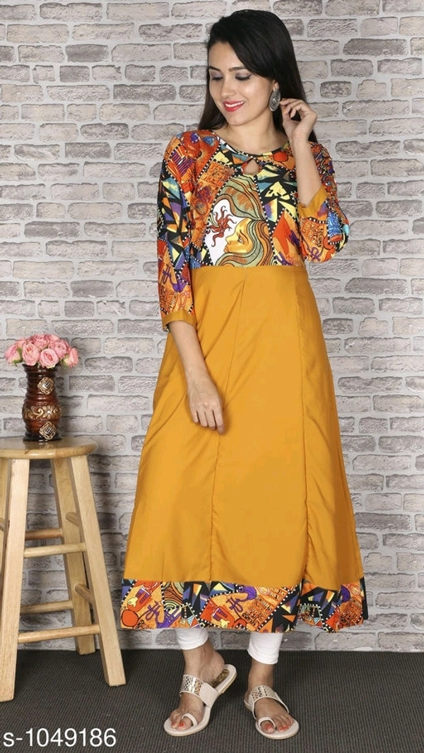Women Crepe Flared Printed Mustard Kurti - XXXL