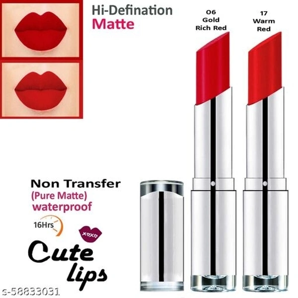 Makeup Mania B.Berry Cute Lips Non Transfer Matte Lipstick 2.4 gm each - 06 Gold Rich Red 17 Warm Red