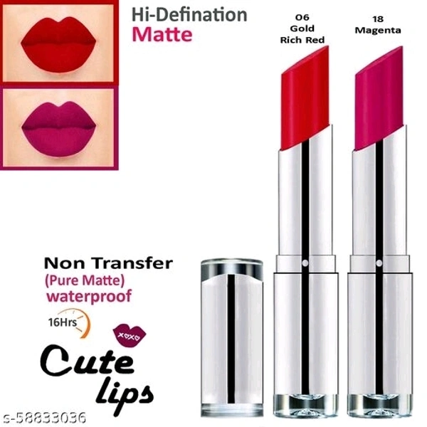 Makeup Mania B.Berry Cute Lips Non Transfer Matte Lipstick 2.4 gm each - 06 Gold Rich Red 18 Magenta