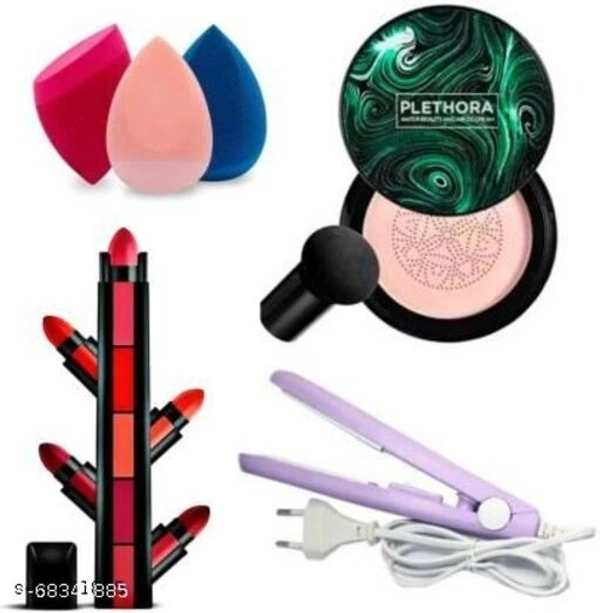 Sunisa 3 in 1 Air Cushion Mushroom Head CC Cream Foundation & Mini Hair Straightner & 5 Step Mate Lipstick & 3 Pcs Spounge Puff  (12 Items in the set)